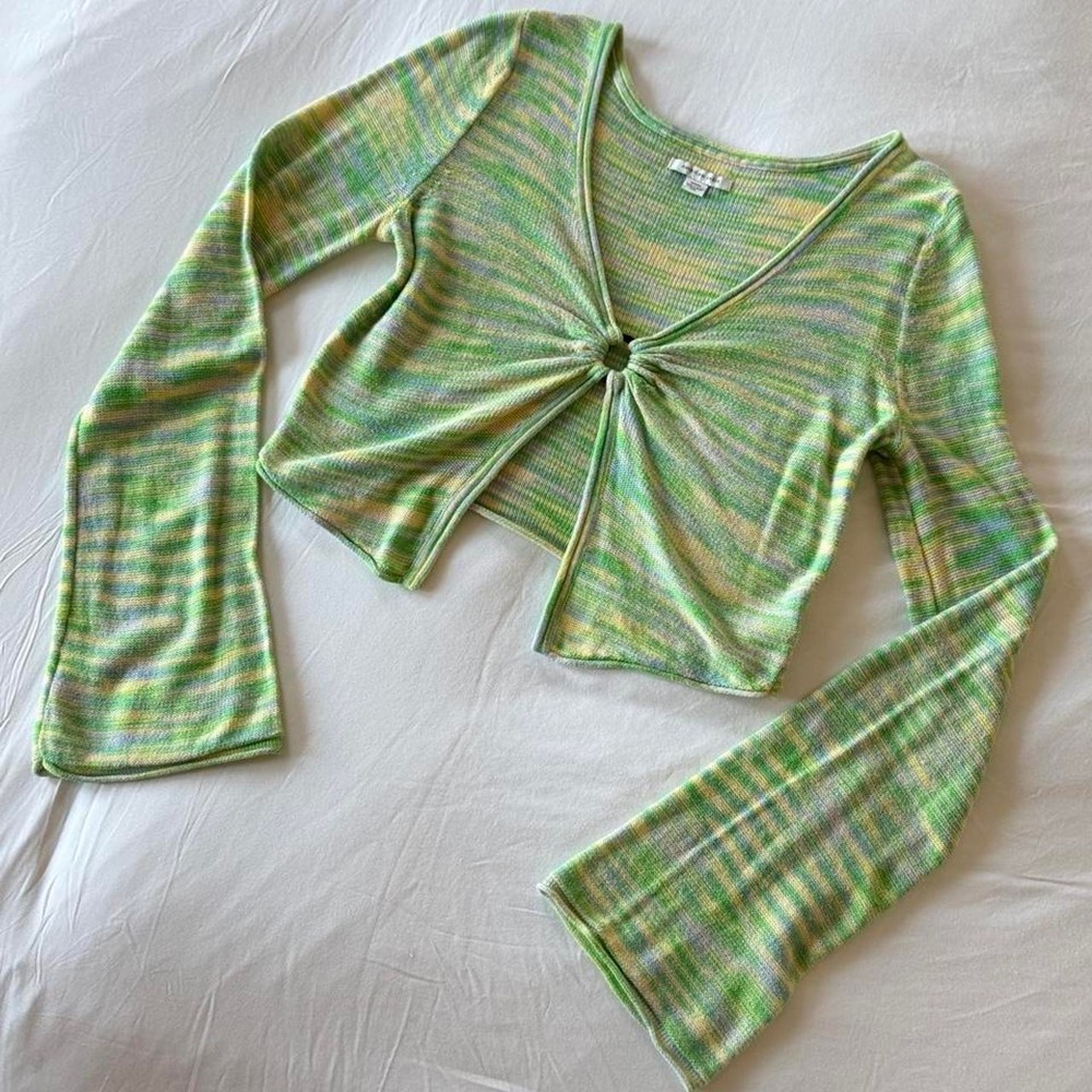 American Eagle Cropped Knit Cardigan Striped Bell Sleeve Ring Front Green M